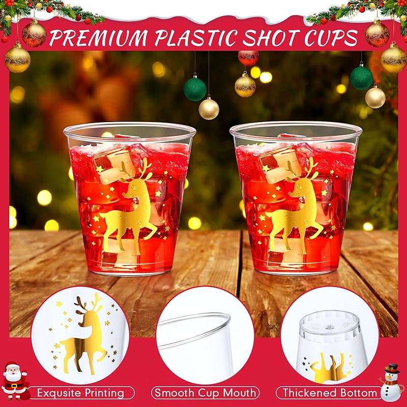 Umigy 100 Pcs Christmas Shot Glasses Disposable Shot Plastic Clear Small Cups for Party Bulk 2 Oz Cups Plastic Tumbler for Birthday Party Wine Food Snack Tasting Drinking Serving(Gold, Reindeer) - Image 4