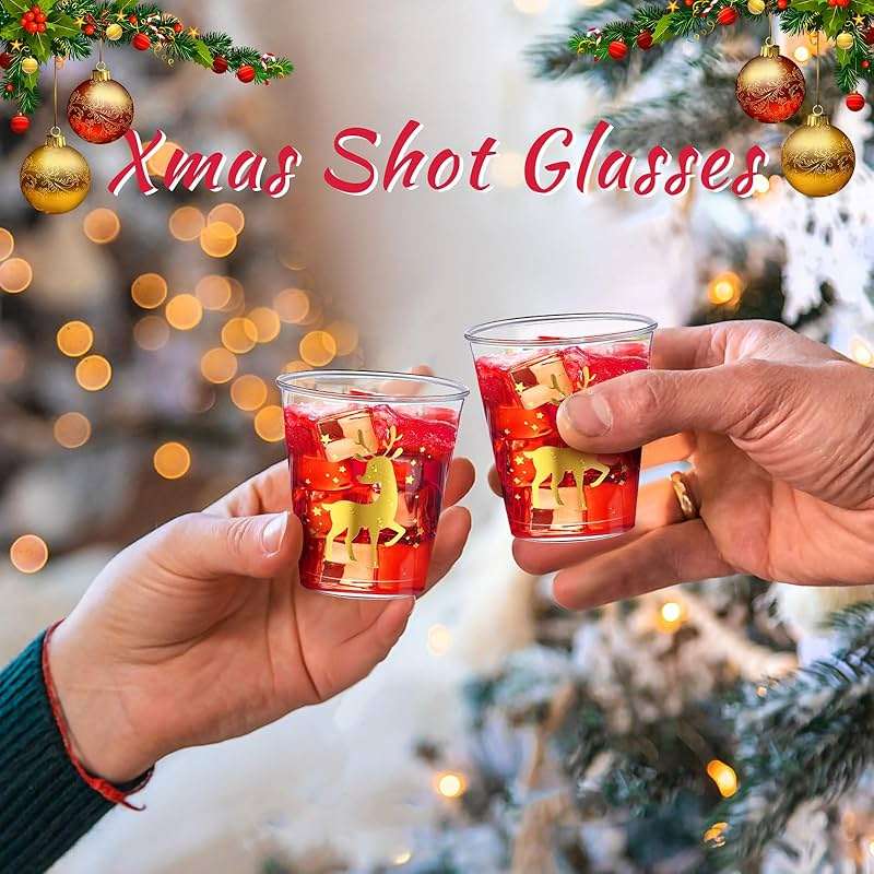 Umigy 100 Pcs Christmas Shot Glasses Disposable Shot Plastic Clear Small Cups for Party Bulk 2 Oz Cups Plastic Tumbler for Birthday Party Wine Food Snack Tasting Drinking Serving(Gold, Reindeer) - Image 5