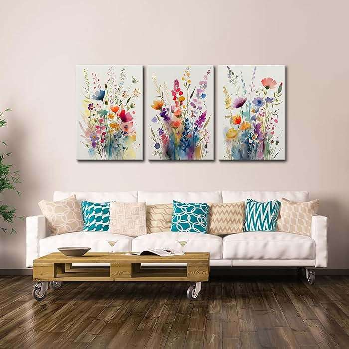 KISSFOX 3 Piece Colorful Wildflower Botanical Framed Wall Art Watercolor Floral Canvas Art Prints Boho Flower Pictures Wall Decor Modern Minimalism Paintings Artwork Girls Bedroom Living Room Bathroom - Image 3