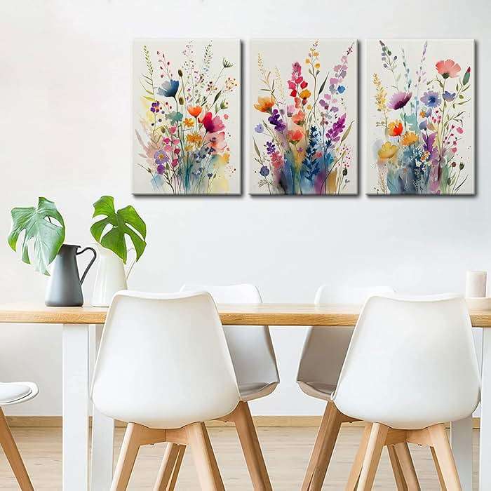 KISSFOX 3 Piece Colorful Wildflower Botanical Framed Wall Art Watercolor Floral Canvas Art Prints Boho Flower Pictures Wall Decor Modern Minimalism Paintings Artwork Girls Bedroom Living Room Bathroom - Image 5