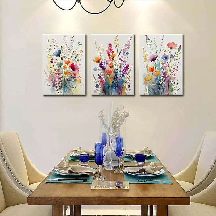 KISSFOX 3 Piece Colorful Wildflower Botanical Framed Wall Art Watercolor Floral Canvas Art Prints Boho Flower Pictures Wall Decor Modern Minimalism Paintings Artwork Girls Bedroom Living Room Bathroom - Image 7