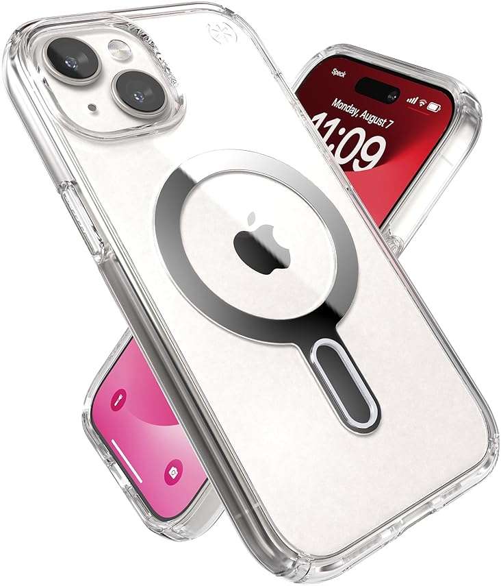 Speck Clear iPhone 17e,15 Case - ClickLock No-Slip Interlock, Built for MagSafe, Drop Protection - for iPhone 15, iPhone 14 & iPhone 13 - Anti-Yellowing 6.1 Inch Phone Case - Presidio Clear/Chrome - Image 1