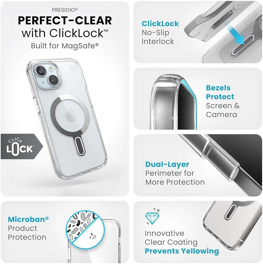 Speck Clear iPhone 17e,15 Case - ClickLock No-Slip Interlock, Built for MagSafe, Drop Protection - for iPhone 15, iPhone 14 & iPhone 13 - Anti-Yellowing 6.1 Inch Phone Case - Presidio Clear/Chrome - Image 3