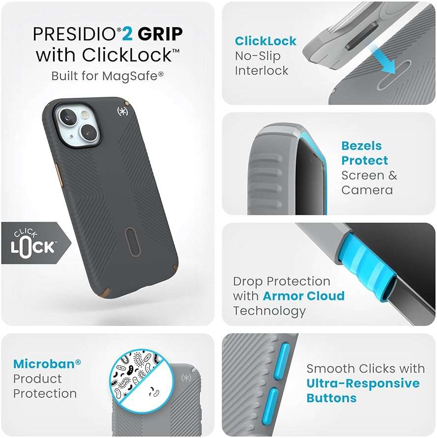 Speck MagSafe Case for iPhone 17e, iPhone 15 - Drop & Camera Protection, ClickLock No-Slip, Wireless Charging Compatible, Fits All 6.1 Inch Models Including iPhone 17e - Charcoal Grey/Cool Bronze - Image 3