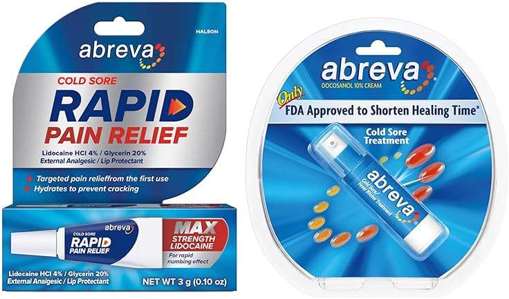 Bundle of Abreva Cold Sore Treatment Rapid Pain Relief Cream - 1 Tube, 3 Grams + Abreva 10 Percent Docosanol Cold Sore Treatment, Treats Your Fever Blister in 2.5 Days - 0.07 oz Pump - Image 1