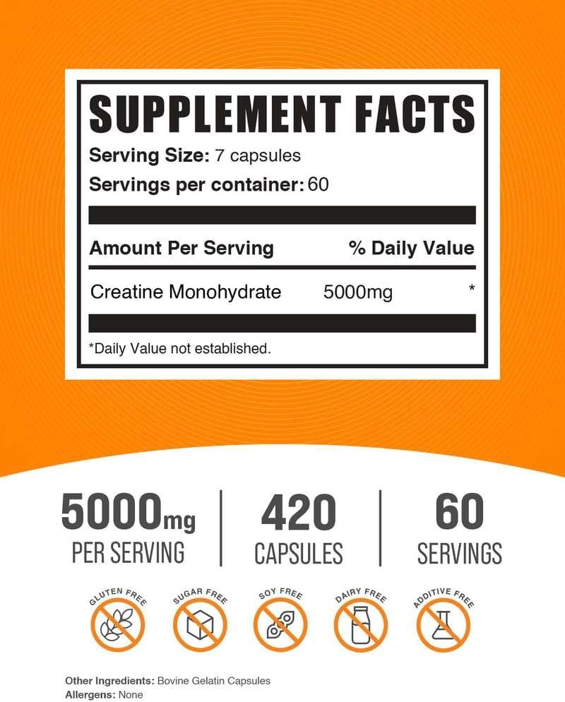BulkSupplements.com Creatine Monohydrate Capsules - Micronized Creatine Pills - Gluten Free, 7 Capsules per Serving (5000mg), 420 Count (Pack of 1) - Image 2