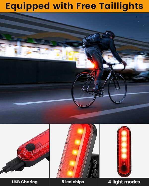 Bright Bike Light for Night Riding, USB Rechargeable Bicycle Light, Bicycle Headlight Set, Daytime Running Light, Waterproof Bike Headlight and Taillight for Adult Kid Mountain MTB Off-Road Cycling - Image 7