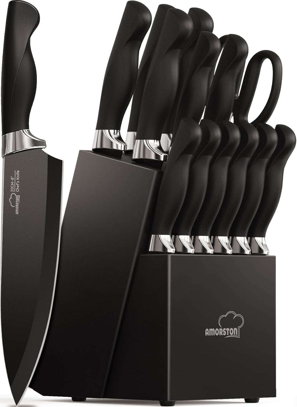 Amorston Knife Set, 15 Piece Kitchen Knife Set with Block and Built in Sharpener, German Stainless Steel Dishwasher Safe Knife Block Set, Black Kitchen Knives Set for Home Cooking Fathers Day Gift - Image 1
