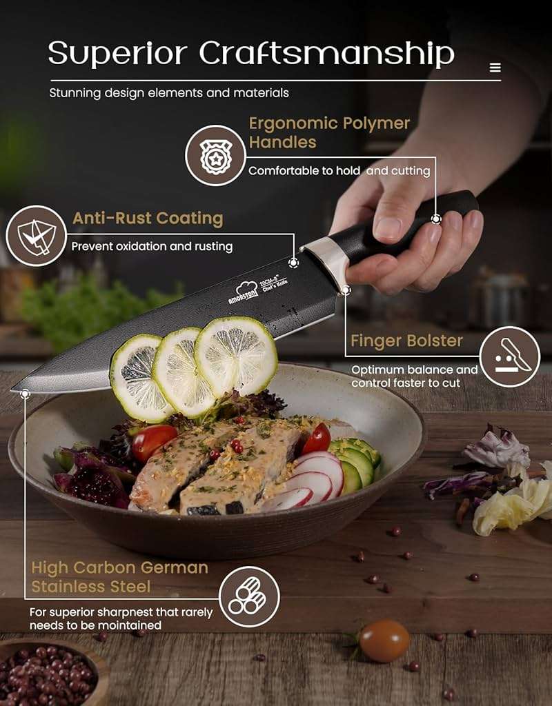 Amorston Knife Set, 15 Piece Kitchen Knife Set with Block and Built in Sharpener, German Stainless Steel Dishwasher Safe Knife Block Set, Black Kitchen Knives Set for Home Cooking Fathers Day Gift - Image 4
