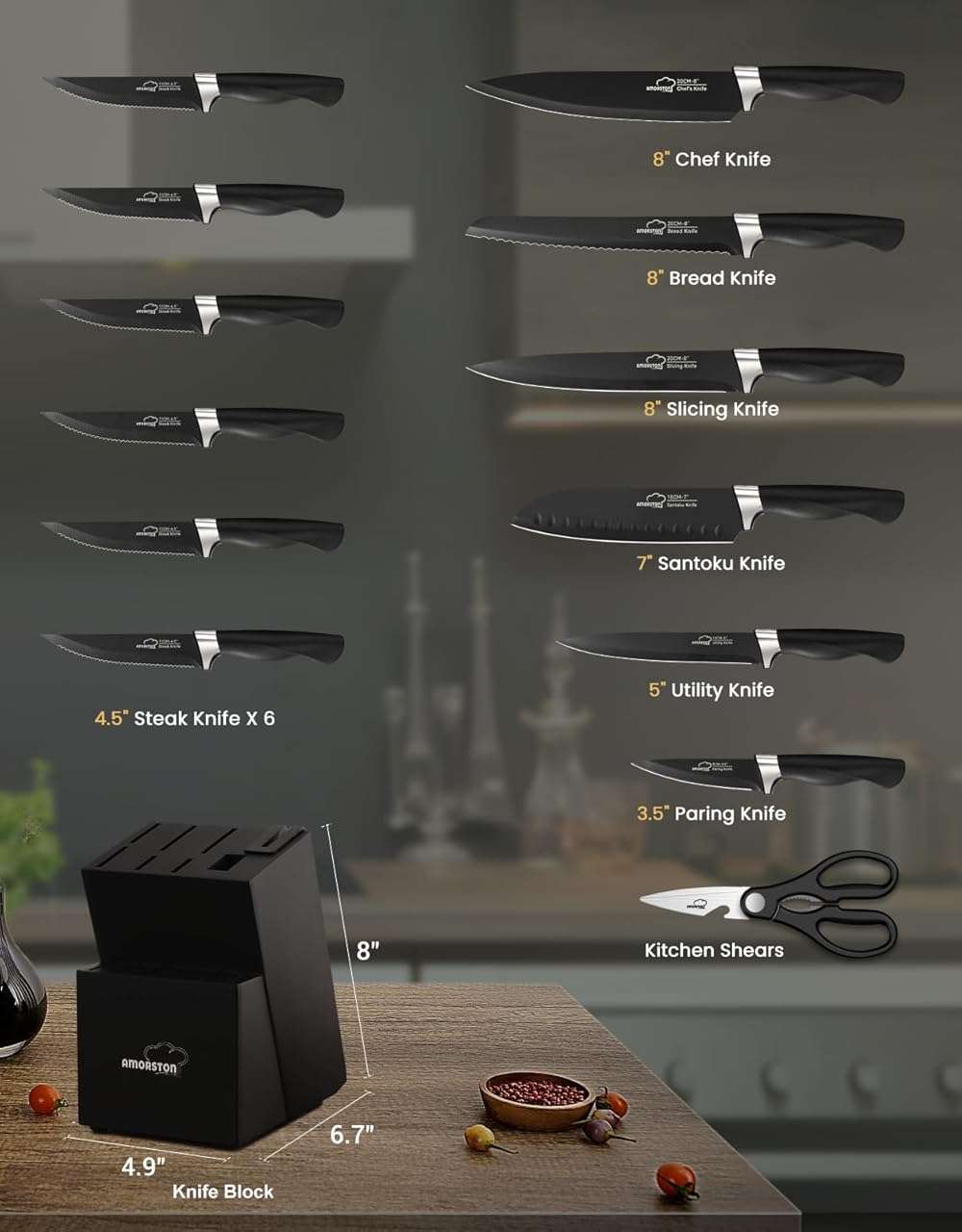 Amorston Knife Set, 15 Piece Kitchen Knife Set with Block and Built in Sharpener, German Stainless Steel Dishwasher Safe Knife Block Set, Black Kitchen Knives Set for Home Cooking Fathers Day Gift - Image 6