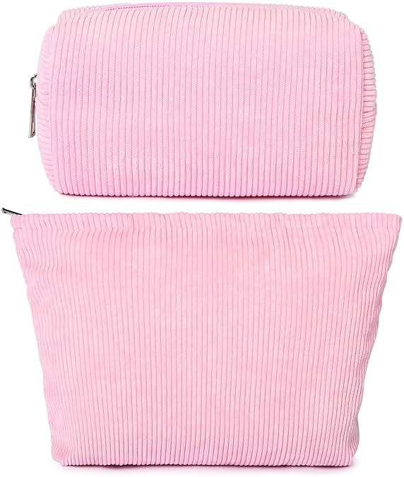 SOIDRAM 2 Pieces Makeup Bag Large Corduroy Cosmetic Bag Capacity Canvas Mix Travel Toiletry Bag Organizer Cute Makeup Brushes Aesthetic Accessories Storage Bag for Women,Corduroy Mix Hot Pink - Image 1