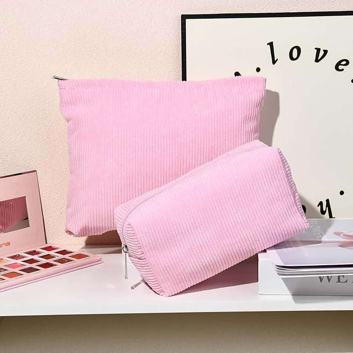 SOIDRAM 2 Pieces Makeup Bag Large Corduroy Cosmetic Bag Capacity Canvas Mix Travel Toiletry Bag Organizer Cute Makeup Brushes Aesthetic Accessories Storage Bag for Women,Corduroy Mix Hot Pink - Image 2