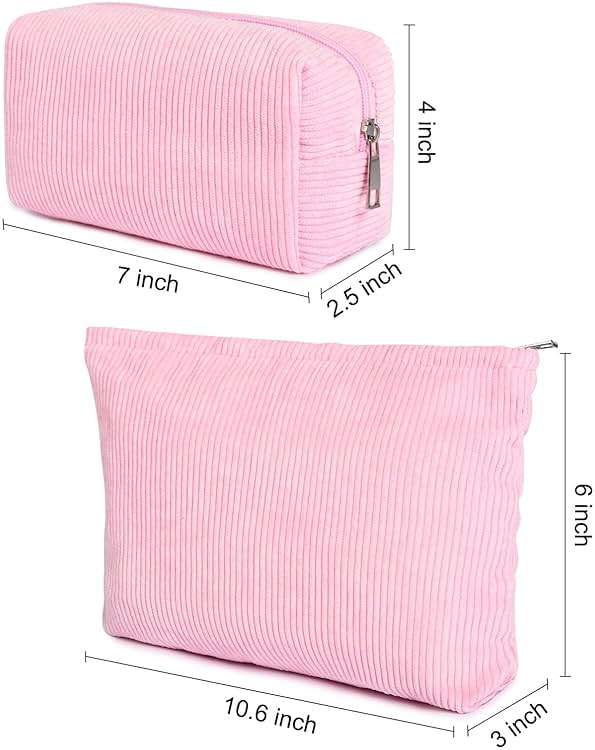 SOIDRAM 2 Pieces Makeup Bag Large Corduroy Cosmetic Bag Capacity Canvas Mix Travel Toiletry Bag Organizer Cute Makeup Brushes Aesthetic Accessories Storage Bag for Women,Corduroy Mix Hot Pink - Image 3