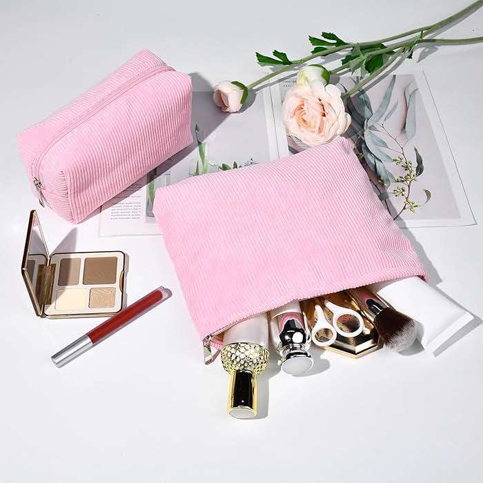 SOIDRAM 2 Pieces Makeup Bag Large Corduroy Cosmetic Bag Capacity Canvas Mix Travel Toiletry Bag Organizer Cute Makeup Brushes Aesthetic Accessories Storage Bag for Women,Corduroy Mix Hot Pink - Image 6