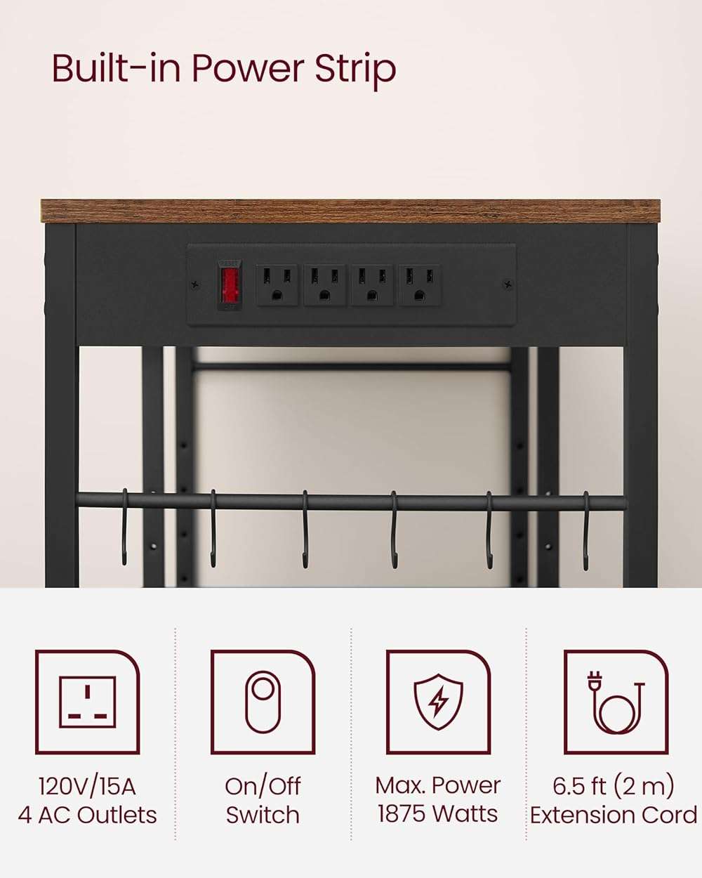 VASAGLE Baker's Rack, Coffee Bar Stand with Charging Station, 35.6 Inches Tall, Storage Shelves, Pull-Out Wire Basket, Table for Microwave, Kitchen, Rustic Brown and Ink Black UKKS036K01 - Image 7