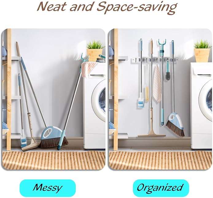 OUTNILI White Mop Broom Holder Wall Mount with 4 Slots & 4 Hooks - Wood Broom Mop Hanger for Pantry Closet Laundry Room Organization - Heavy Duty Garden Tool Organizer - White Kitchen Decor - Image 5