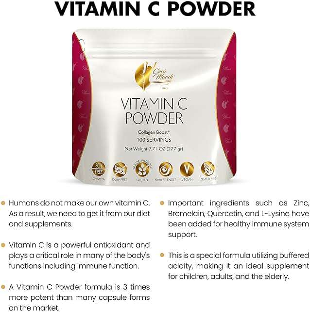 Cocó March N.M.D Vitamin C Powder 1000 mg – Immune Support Supplement with Zinc, Bromelain, Quercetin & L-Lysine, Supports Collagen Production, Vegan, Gluten & Dairy Free, Keto Friendly, 10 oz - Image 2