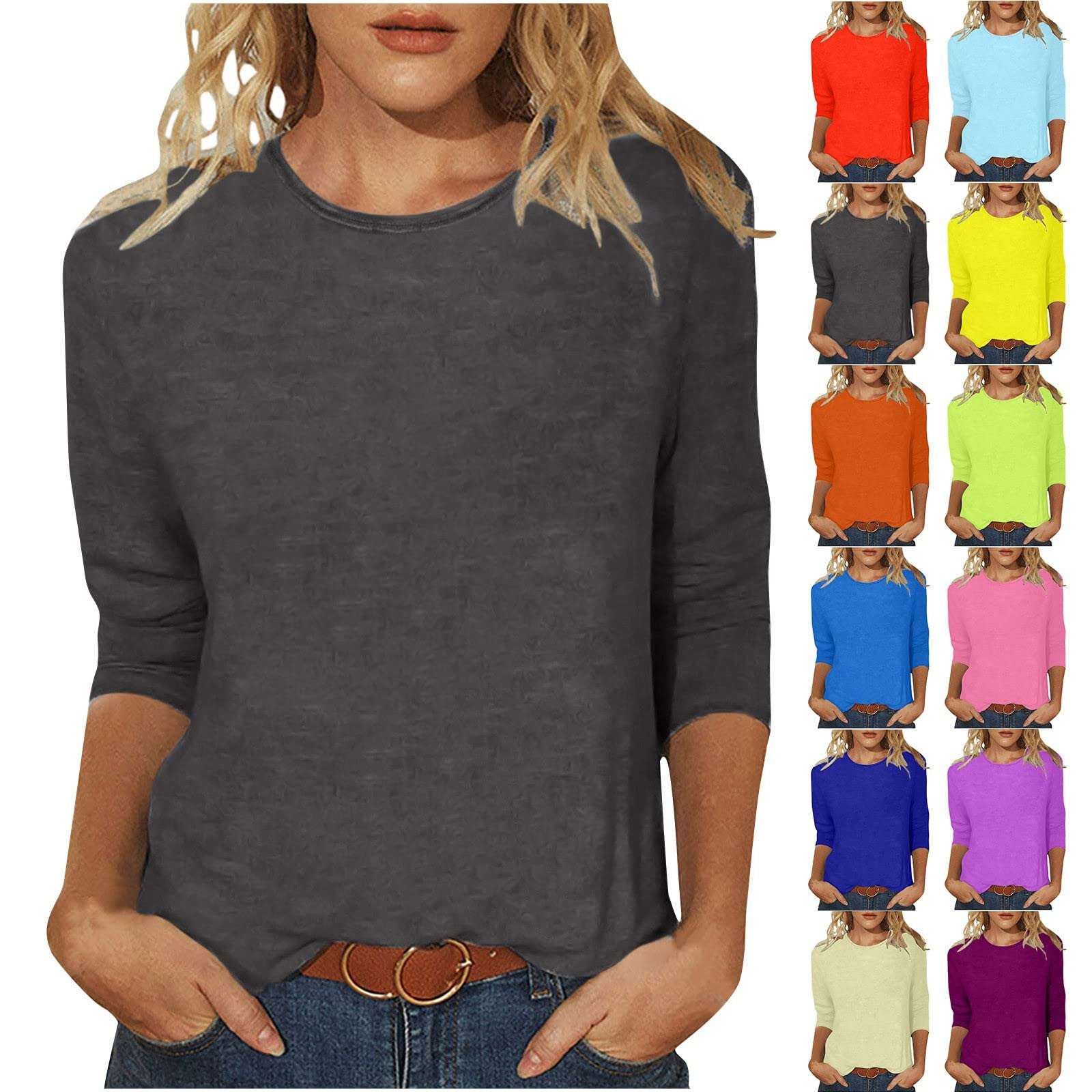 Plus Size Long Sleeve Tops for Women Causal Solid Color Crewneck Tunic Shirts Loose Comfy 3/4 Sleeve Blouses - Image 1