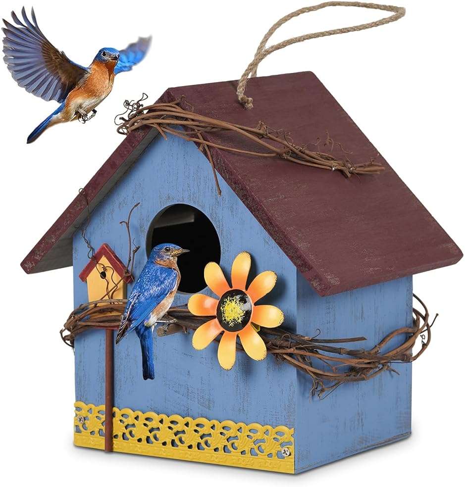 AHUONEL Hanging Bird Houses for Outside Decorative Birdhouse, Garden Bird Feeders for Outdoors, Blue Wooden Bird Nest Box for Wren Finchs Hummingbird Cardinal Bluebird Wild Birds, Gift for Bird Lovers - Image 1