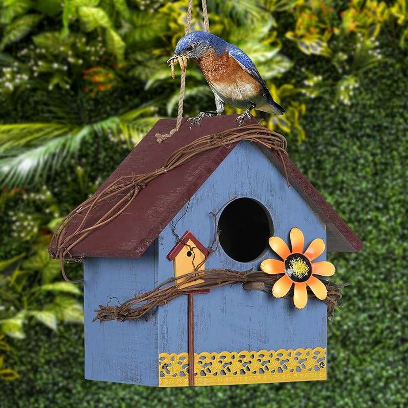 AHUONEL Hanging Bird Houses for Outside Decorative Birdhouse, Garden Bird Feeders for Outdoors, Blue Wooden Bird Nest Box for Wren Finchs Hummingbird Cardinal Bluebird Wild Birds, Gift for Bird Lovers - Image 2