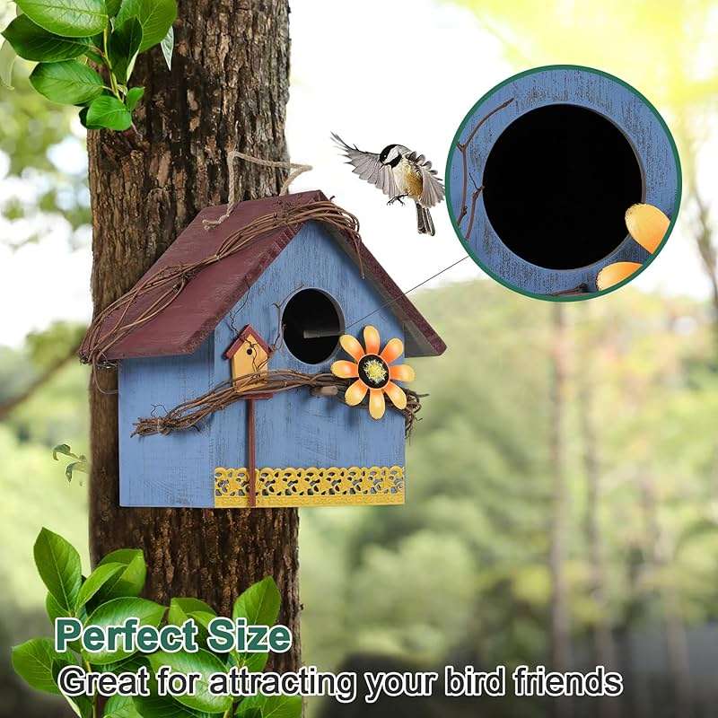 AHUONEL Hanging Bird Houses for Outside Decorative Birdhouse, Garden Bird Feeders for Outdoors, Blue Wooden Bird Nest Box for Wren Finchs Hummingbird Cardinal Bluebird Wild Birds, Gift for Bird Lovers - Image 3