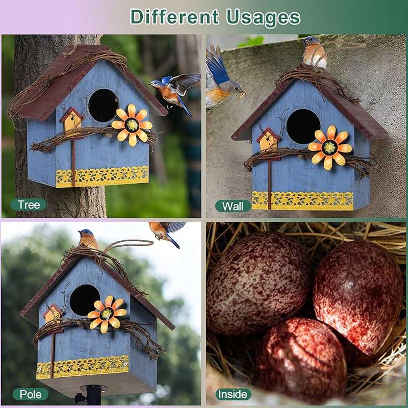 AHUONEL Hanging Bird Houses for Outside Decorative Birdhouse, Garden Bird Feeders for Outdoors, Blue Wooden Bird Nest Box for Wren Finchs Hummingbird Cardinal Bluebird Wild Birds, Gift for Bird Lovers - Image 4