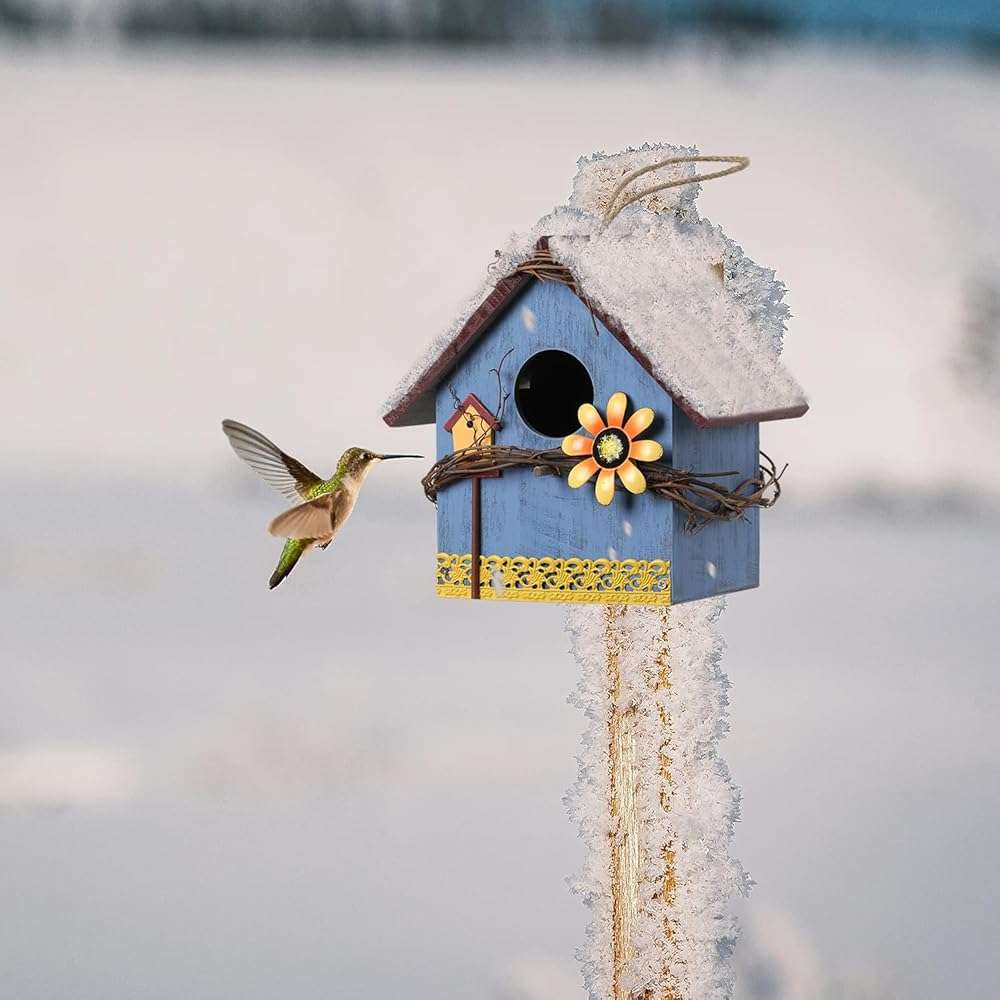 AHUONEL Hanging Bird Houses for Outside Decorative Birdhouse, Garden Bird Feeders for Outdoors, Blue Wooden Bird Nest Box for Wren Finchs Hummingbird Cardinal Bluebird Wild Birds, Gift for Bird Lovers - Image 5