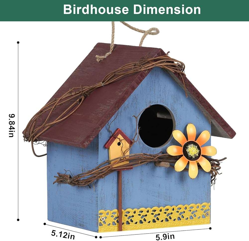 AHUONEL Hanging Bird Houses for Outside Decorative Birdhouse, Garden Bird Feeders for Outdoors, Blue Wooden Bird Nest Box for Wren Finchs Hummingbird Cardinal Bluebird Wild Birds, Gift for Bird Lovers - Image 6