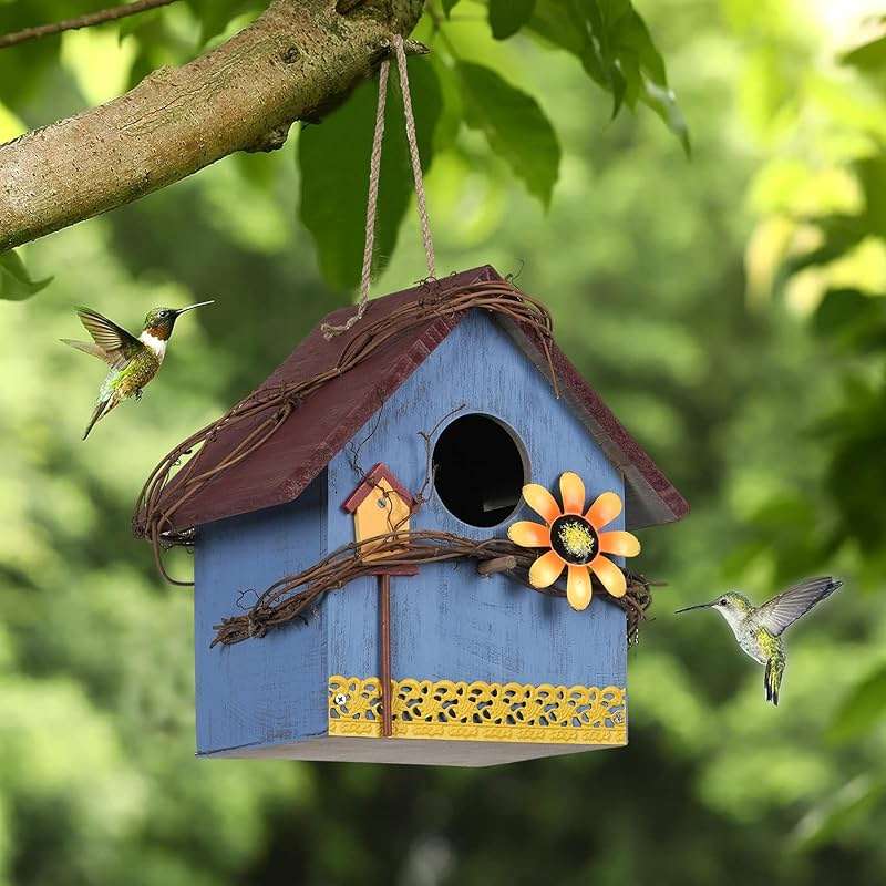 AHUONEL Hanging Bird Houses for Outside Decorative Birdhouse, Garden Bird Feeders for Outdoors, Blue Wooden Bird Nest Box for Wren Finchs Hummingbird Cardinal Bluebird Wild Birds, Gift for Bird Lovers - Image 8