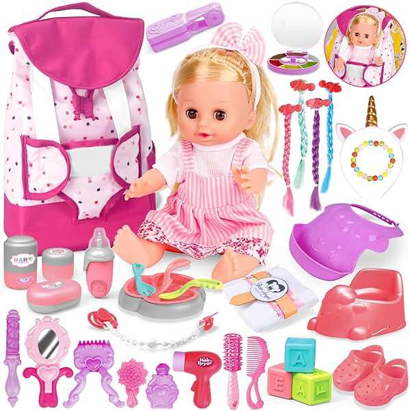 PROOU Baby Care Doll Toys Set, 36PCS Dolls Playset, Hair Salon Pretend Play Toddler Doll Toys Incl 14'' Baby Dolls Toy, Backpack, Hair Dryer, Curler, Xmas Gifts for Age 3 4 5 6+ Years Old Girls Kids - Image 1