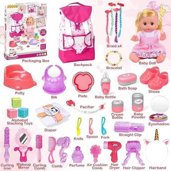 PROOU Baby Care Doll Toys Set, 36PCS Dolls Playset, Hair Salon Pretend Play Toddler Doll Toys Incl 14'' Baby Dolls Toy, Backpack, Hair Dryer, Curler, Xmas Gifts for Age 3 4 5 6+ Years Old Girls Kids - Image 3