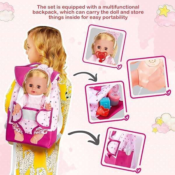 PROOU Baby Care Doll Toys Set, 36PCS Dolls Playset, Hair Salon Pretend Play Toddler Doll Toys Incl 14'' Baby Dolls Toy, Backpack, Hair Dryer, Curler, Xmas Gifts for Age 3 4 5 6+ Years Old Girls Kids - Image 6