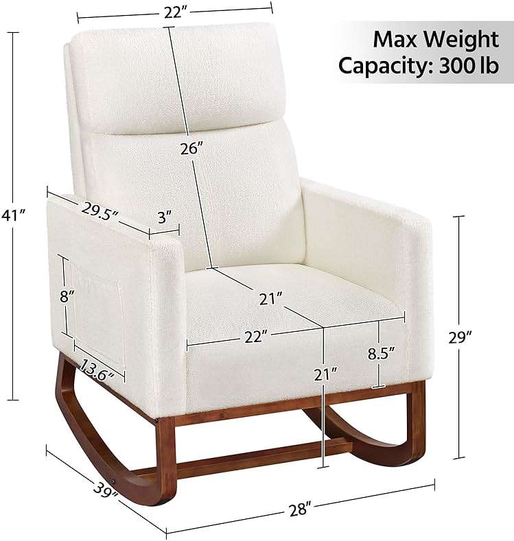 Yaheetech Upholstered Rocking Chair, Boucle Glider Chair Nursery Chair with High Back and Side Pocket, Rocking Accent Armchair with Rubber Wood Legs for Living Room/Bedroom/Nursery, Ivory - Image 2