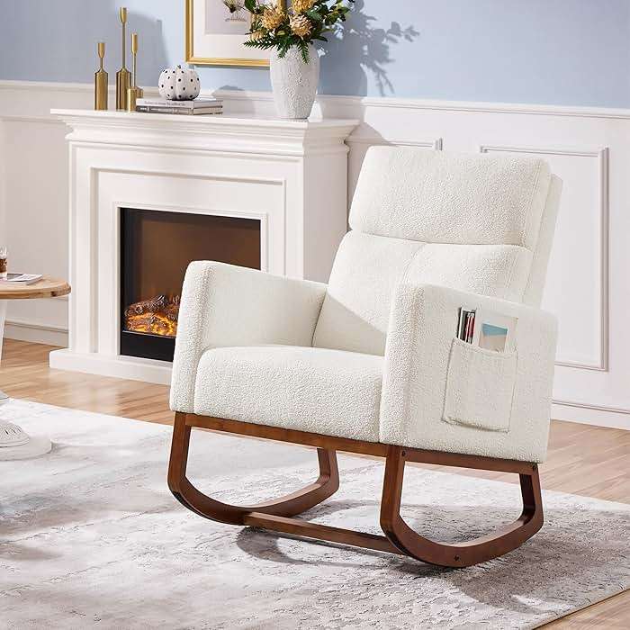 Yaheetech Upholstered Rocking Chair, Boucle Glider Chair Nursery Chair with High Back and Side Pocket, Rocking Accent Armchair with Rubber Wood Legs for Living Room/Bedroom/Nursery, Ivory - Image 3