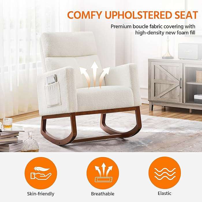 Yaheetech Upholstered Rocking Chair, Boucle Glider Chair Nursery Chair with High Back and Side Pocket, Rocking Accent Armchair with Rubber Wood Legs for Living Room/Bedroom/Nursery, Ivory - Image 4