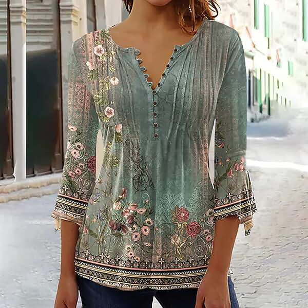 Fall Tops for Women 2025 Trendy Floral Print Tunic Shirts 3/4 Sleeve Bell Sleeve Button Down v Neck Blouses - Image 2
