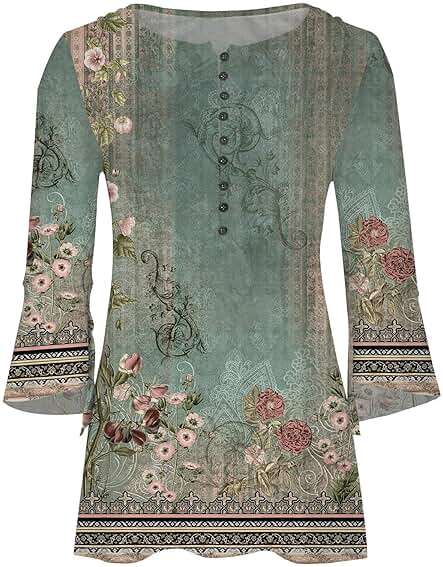 Fall Tops for Women 2025 Trendy Floral Print Tunic Shirts 3/4 Sleeve Bell Sleeve Button Down v Neck Blouses - Image 3
