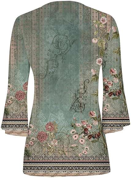 Fall Tops for Women 2025 Trendy Floral Print Tunic Shirts 3/4 Sleeve Bell Sleeve Button Down v Neck Blouses - Image 4