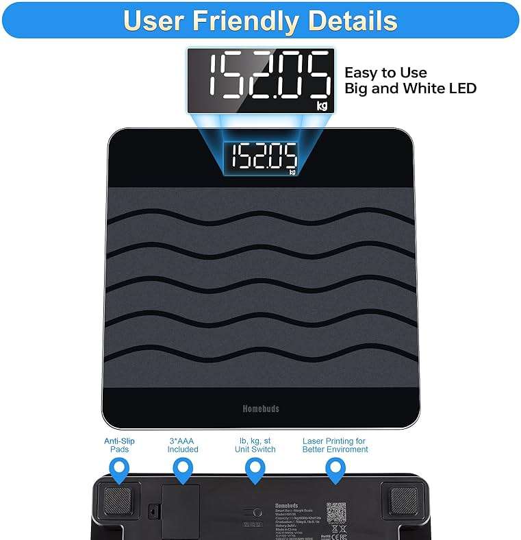 Homebuds 660lb Scale for Body Weight, Precision 0.1lb by Our Professional Scale Factory Since 2001, Smart Digital Weight Scale BMI Via APP, 8mm Non Slip Tempered Glass 12.4 * 12.4in, LED, Black - Image 5