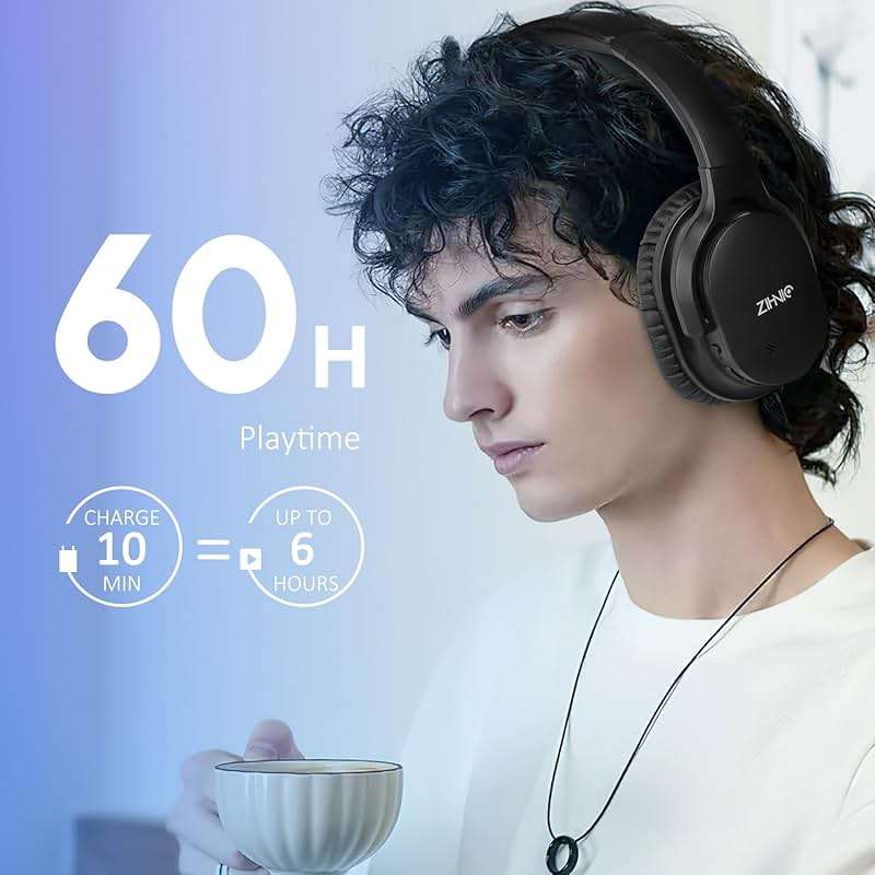 ZIHNIC Bluetooth 5.3 Noise Cancelling Headphones, Over-Ear Wireless Headset with 60H Playtime,Low Latency Game Mode, Lightweight, Deep Bass Hi-Fi Sound for Travel, Home, Office - Black - Image 3