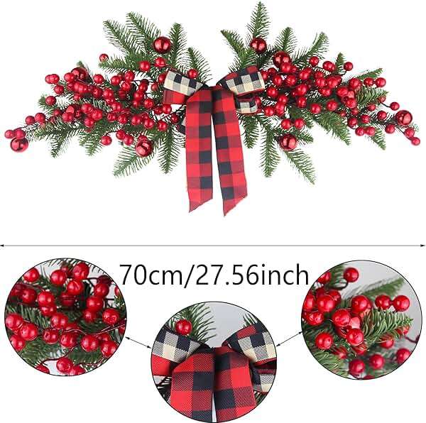 CITYES Christmas Swag Decoration Floral Swag with Berries and Ribbon Bows Christmas Balls 27.56 Inch Greenery Christmas Swag Xmas Door Swag for Front Door Festival Decor Wall Arch Window - Image 3