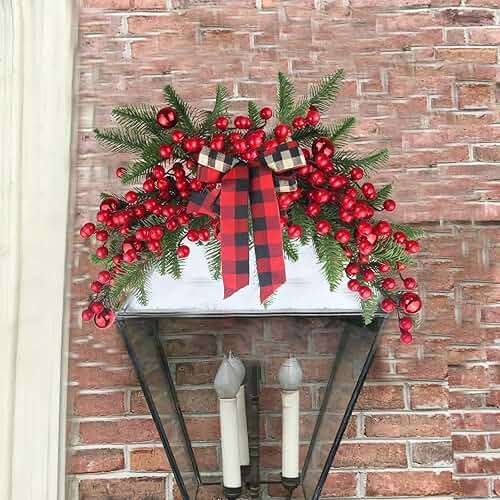 CITYES Christmas Swag Decoration Floral Swag with Berries and Ribbon Bows Christmas Balls 27.56 Inch Greenery Christmas Swag Xmas Door Swag for Front Door Festival Decor Wall Arch Window - Image 4