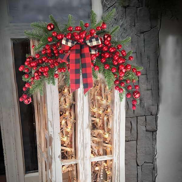 CITYES Christmas Swag Decoration Floral Swag with Berries and Ribbon Bows Christmas Balls 27.56 Inch Greenery Christmas Swag Xmas Door Swag for Front Door Festival Decor Wall Arch Window - Image 5