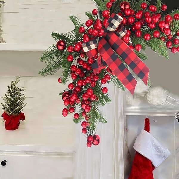 CITYES Christmas Swag Decoration Floral Swag with Berries and Ribbon Bows Christmas Balls 27.56 Inch Greenery Christmas Swag Xmas Door Swag for Front Door Festival Decor Wall Arch Window - Image 6