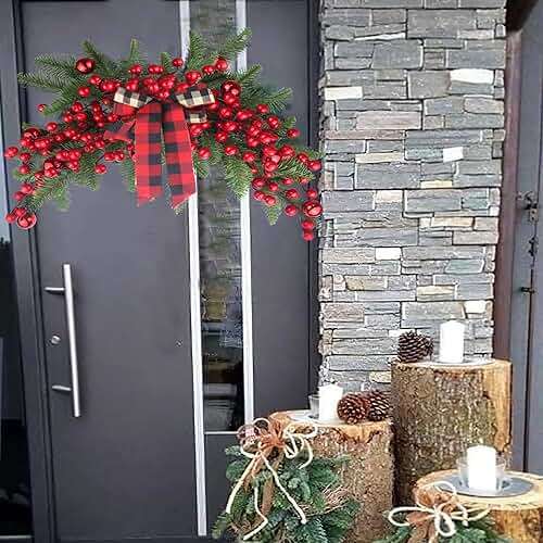 CITYES Christmas Swag Decoration Floral Swag with Berries and Ribbon Bows Christmas Balls 27.56 Inch Greenery Christmas Swag Xmas Door Swag for Front Door Festival Decor Wall Arch Window - Image 7