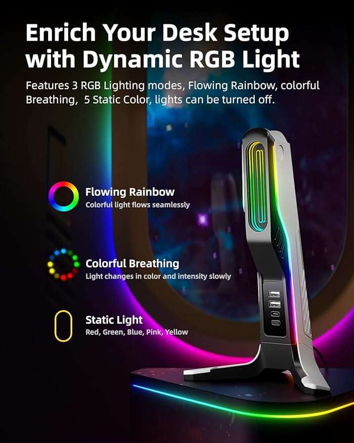 IFYOO RGB Gaming Headset Stand with 2 USB and 1 Type-C Ports, Game Headphone Mount for PC Computer, Xbox One, Xbox Series S/X, PS5, PS4, Earphone Holder Hanger, Desk Gamer Accessories, Black&White - Image 4