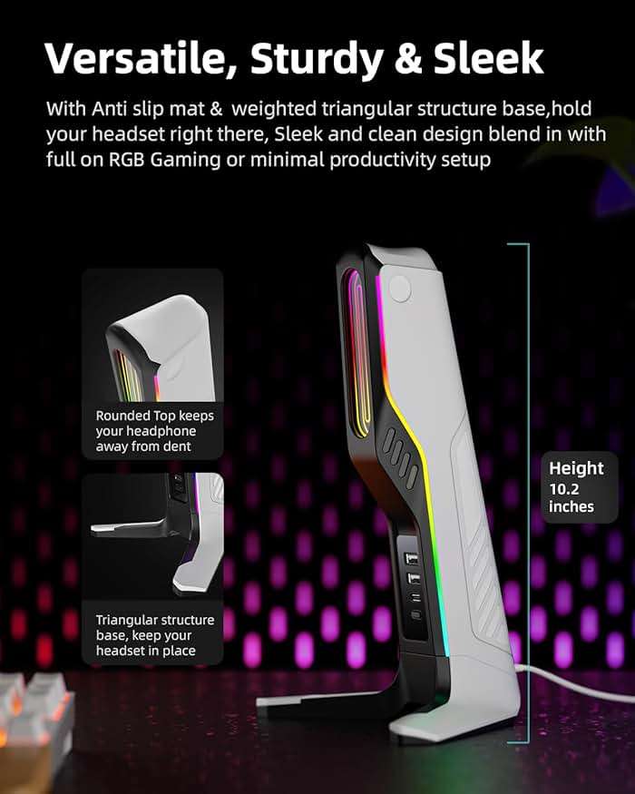 IFYOO RGB Gaming Headset Stand with 2 USB and 1 Type-C Ports, Game Headphone Mount for PC Computer, Xbox One, Xbox Series S/X, PS5, PS4, Earphone Holder Hanger, Desk Gamer Accessories, Black&White - Image 6
