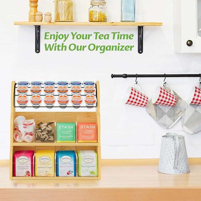 LASZOLA Bamboo Tea Bag and Coffee Holder Organizer for Cabinet Counter Office, 3 Tier Large Capacity Vertical K Cup and Tea Packet Storage Rack, Sturdy Display Stand, Easy Assemble - Image 2