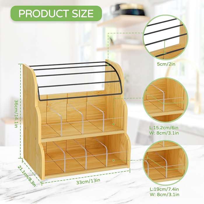 LASZOLA Bamboo Tea Bag and Coffee Holder Organizer for Cabinet Counter Office, 3 Tier Large Capacity Vertical K Cup and Tea Packet Storage Rack, Sturdy Display Stand, Easy Assemble - Image 3