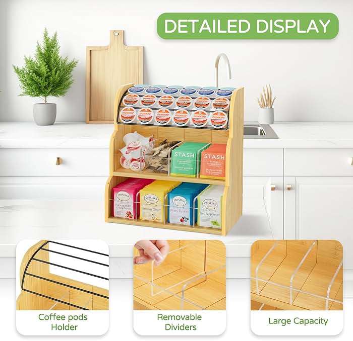 LASZOLA Bamboo Tea Bag and Coffee Holder Organizer for Cabinet Counter Office, 3 Tier Large Capacity Vertical K Cup and Tea Packet Storage Rack, Sturdy Display Stand, Easy Assemble - Image 4